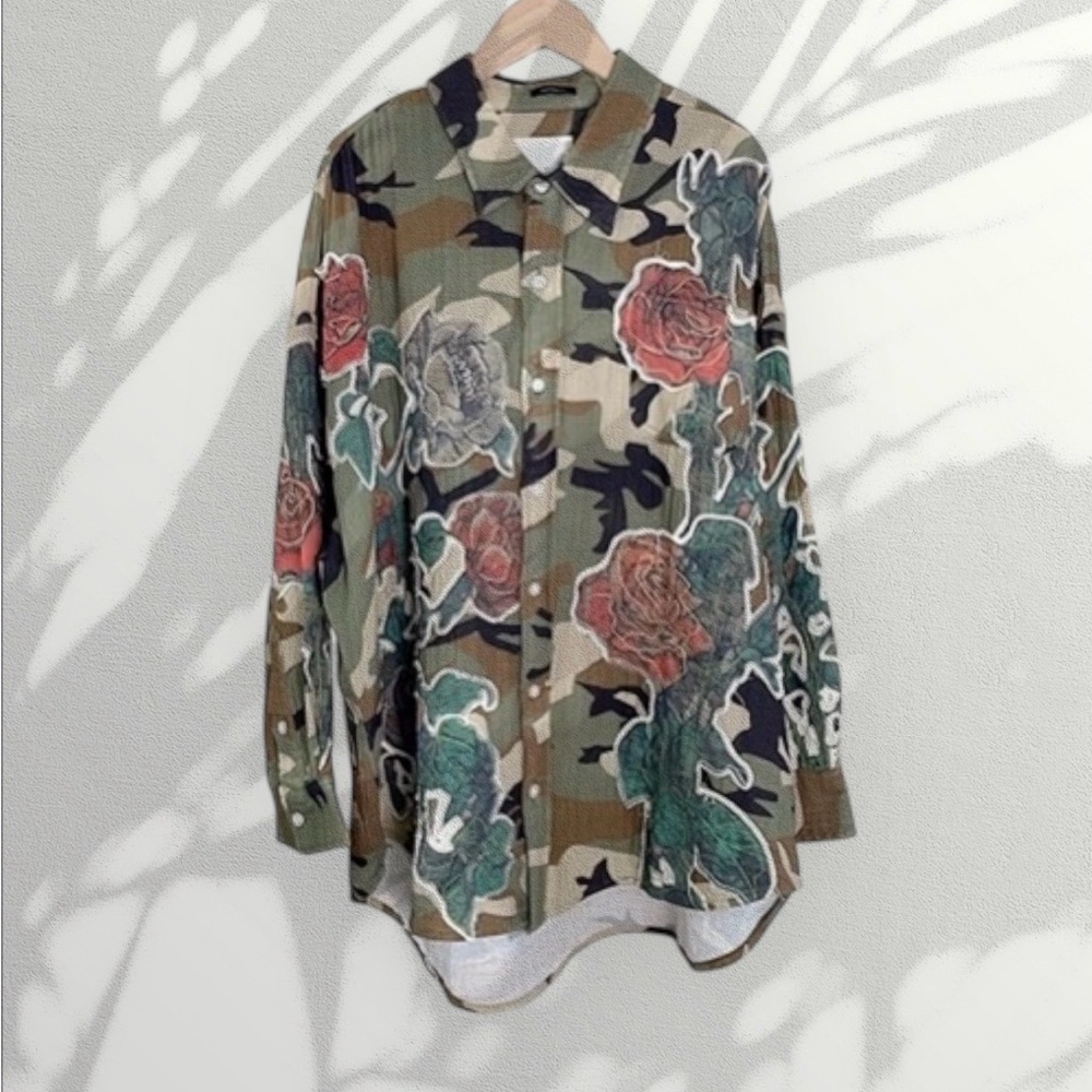R13 NWOT Drop Neck Floral Patch Camouflage Print Button-Up Shirt - Picture 7 of 11